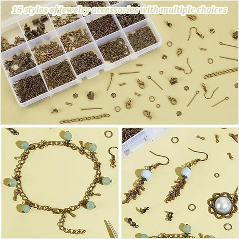 PH PandaHall about 870 Pcs Jewelry Finding Kits with Lobster Claw Clasps, Jump Ring, Ribbon Clamp End, Earring Hook, Flower Bead Cap, Cord End, Ey...