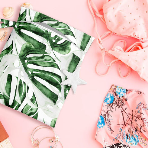 Wet Bag, Wet Dry Bag, Wet Bag for Swimsuit, Travel, Beach, Pool, Diapers, Dirty Yoga Gym Clothes, Makeup Bag, Waterproof Tropical Palm Leaves Deco...