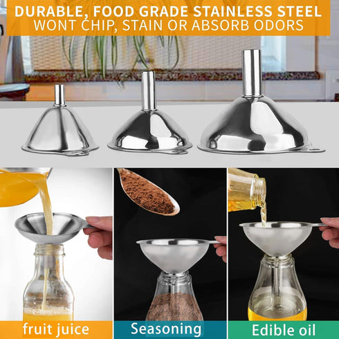 Metal Stainless Steel Funnel, Large Medium Small Funnel Set of 3, Food Grade Mini Funnels for Kitchen Use Filling Bottles Flask Cooking, 2 Brushes...