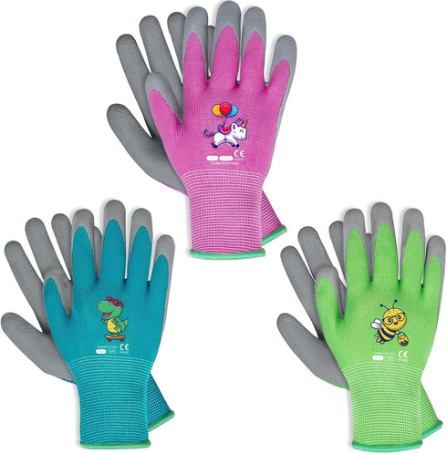 KDK 3 Pairs Kids Gardening Gloves,Yard Work Gloves for Toddlers, Youth, Girls, Boys, Childrens, Soft Safety Rubber Gloves (Age 5-7, Green, Blue&Pi...