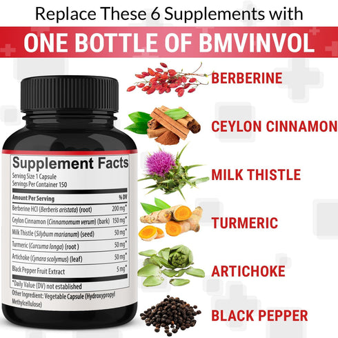 150 Capsules Berberine Supplement with Ceylon Cinnamon, Turmeric, Milk Thistle, Artichoke, and Black Pepper - 5 Month Supply...
