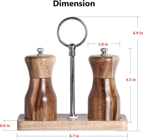 Acacia Wood Salt and Pepper Grinder Set, Manual Pepper mill, Refillable, Adjustable Coarseness Ceramic Rotor, with Wooden Stand Holder Tray...