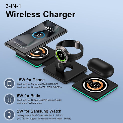 15W Wireless Charger Samsung Fast Charging Pad for Samsung Galaxy S24 Ultra S23 FE S22 S21, Galaxy Watch 5/Pro/Active, Buds/Buds+, 3 in 1 Wireless...