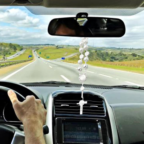 2 PCS Car Interior Rearview Mirror Decorative Pendant, 0.39" Rosary with Tori Cross Bead Hanging Pendant Bead String, Multi-Purpose Personalized F...