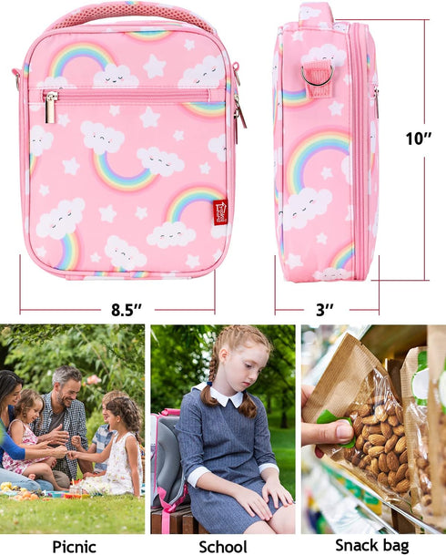 Lunch Box for Kids Girls Insulated Lunch Bag with Shoulder Strap and Pocket Pink Cute Lunch Cooler Thermal Meal Lunch Tote Bag for School Travel O...