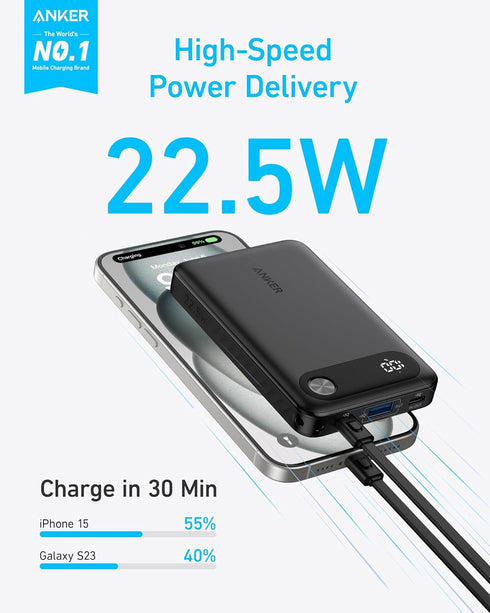 Anker Power Bank, 10,000mAh Portable Charger with Built-in USB-C Cable and Lanyard, 22.5W Max Output with 2 USB-C and 1 USB-A Port, Battery Pack f...