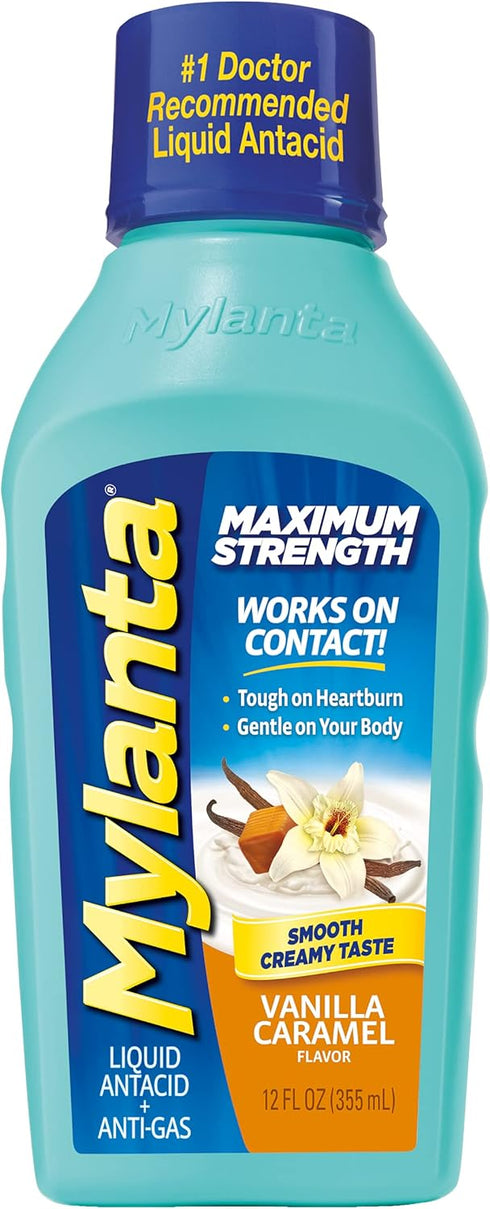 Mylanta Antacid and Gas Relief, Maximum Strength Formula, Vanilla Caramel Flavor, 12 Fluid Ounce...