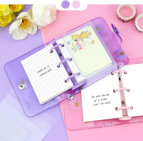 2 Sets Mini Transparent 3 Ring Binder Covers with Daisy Pattern Binder Inner Paper and Pockets Clear Soft PVC Notebook Loose Leaf Binder with Snap...