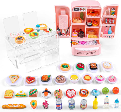95 Pcs Dollhouse Refrigerator Mini Fridge Table Dining Car Toy with Food Set Kitchen Furniture Miniatures Party Fruits Juice Milk Desserts for Chi...
