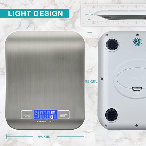 Food Scale, 11lb Kitchen Scale with 6 Units Tare Function & LCD Display, 0.05oz/1g Stainless Steel Digital Food Scale Grams and Ounces for Baking,...