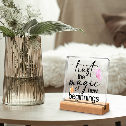 Inspirational Office Home Desk Decor,Trust the Magic of New Beginnings Motivational Sign Acrylic Plaque With Wooden Stand Sign Home Tabletop Offic...