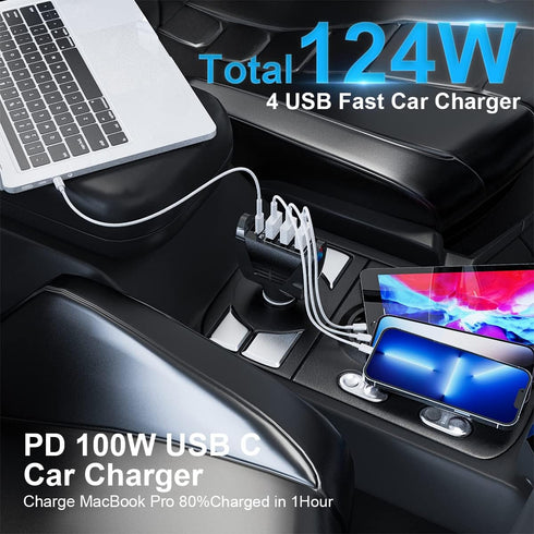 USB C Car Charger Adapter 124W, 4 USB Multi Port PD 100W Cigarette Lighter Car Charger Compatible with MacBook Pro Air, iPhone 14 13 Pro Max iPad ...