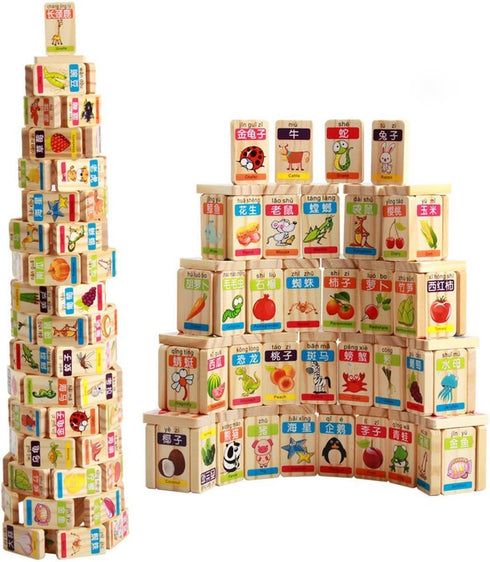 New Chinese English Language Learning Wooden Blocks Domino Children's Educational Product Wooden Toys Recognize/Identify Fruits and Animals 100pcs...