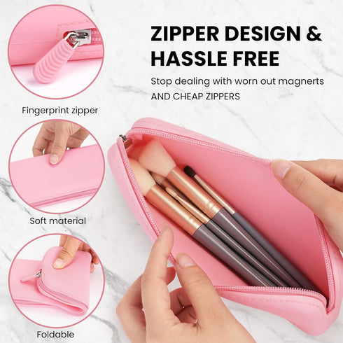 Travel Makeup Brush Holder,Silicone Makeup Brush Holder,Makeup Brush Bbag,BPA free Travel Accessories7.9 x 3.15 x 1.18 inches-Pink...