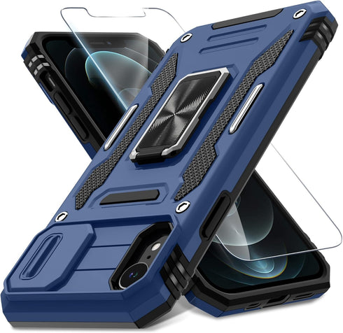 DEERLAMN for iPhone XR Case with Slide Camera Cover+Screen Protector (1 Pack),Rotated Ring Kickstand Military Grade Shockproof Protective Cover 6....