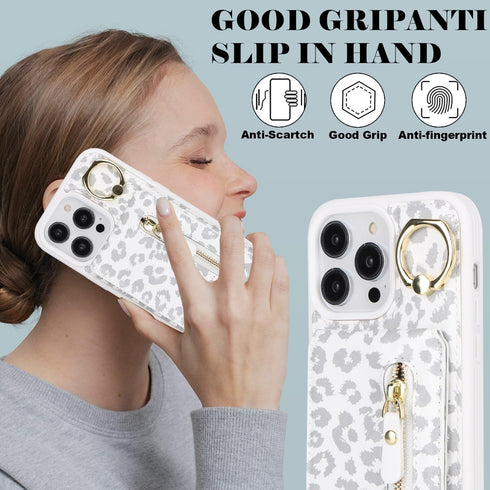 iPhone 13 pro case with Card Holder, iPhone 13 pro Phone Case Wallet for Women magsafe Compatible Wallet Detachable 2-in-1 for Men-White Leopard.....