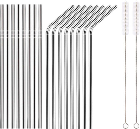 18 Piece Silver Stainless Steel Straws, 8.5 '' Reusable Drinking Straws,with Portable pouch (8 Straight/8 Bent/2 Brushes)...