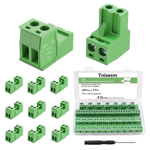 Tnisesm 16Pcs 2 Pin Screw Terminal Block Connector 5.08mm Pitch Pluggable with 2 Pin Phoenix Plug 300V 15A for 28-12AWG Cable...