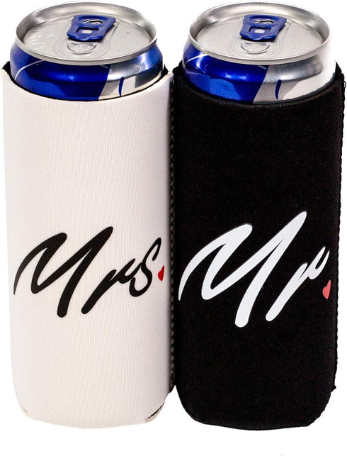 QualityPerfection Mr & Mrs Slim Can Cooler Sleeves (2 Pack) Insulated, Beer/Energy Drink Neoprene 4mm Thickness Thermocoolers for 12 oz Tall Skinn...