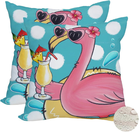2 Pack Waterproof Summer Flamingo Throw Pillow Covers 24x24 Inch Tropical Flower Beach Pink Birds Pillow Cases Blue Ocean Sea Farmhouse Outdoor De...