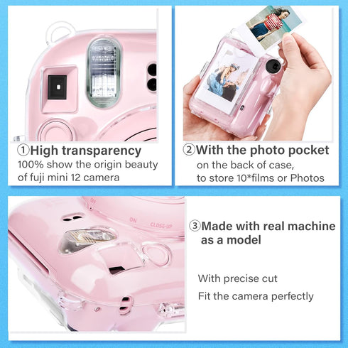 MUZIRI KINOKOO Clear Case for Fujifilm Fuji Instax Mini 12/Polaroid Mini 12 Camera - Hard PVC Protective Case Bag Transparent with Back Photo Pock...