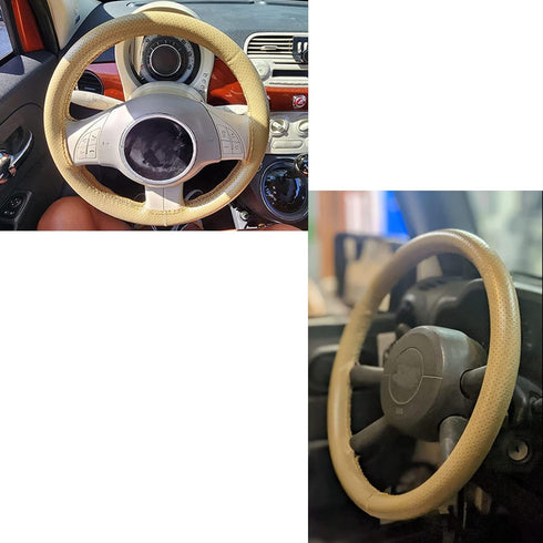 Universal Leather Car Steering Wheel Stitch On Wrap Cover DIY Sewing Breathable and Anti Slip, 15-Inch (Beige)...