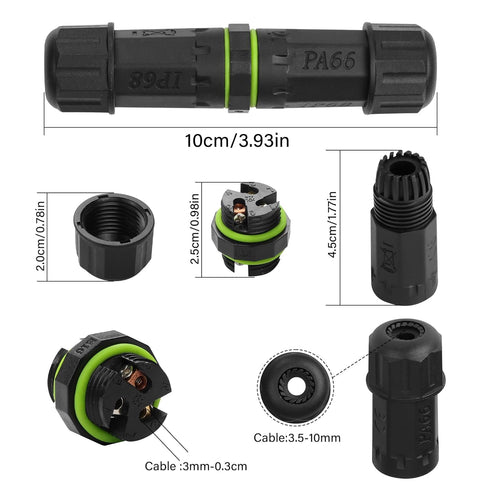 Waterproof Electrical Cable Connector 3 Pin IP68 Outdoor Cable Waterproof Coupler Support to 3.5-10mm Wire Diameter for outdoor billboards, tunnel...