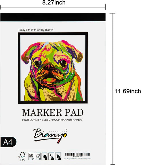 Bianyo Bleedproof Marker Paper Pad, A4(8.27"X11.69"), 50 Sheets/Pad, Pack of 2 Pads, 18 LB / 70 GSM, Glue-Bound, 100% Cotton, White, Ideal for Use...