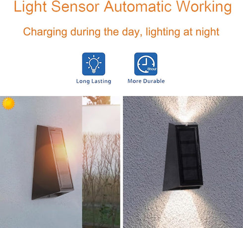 Outdoor Solar LED Up and Down Wall Lights, Waterproof Small Decorative Lamp for Fence Pathway Porch Staircase Hallway Garage (White & Warm White)...