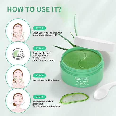 BREYLEE Aloe Vera Eye Mask– 60 Pcs - Puffy Eyes and Dark Circles Treatments – Look Younger and Reduce Wrinkles and Fine Lines Undereye, Improve an...