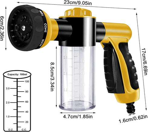 Water Hose Nozzle 8 Spray Patterns Spray Nozzle High Pressure Garden Foam Gun Hose Nozzle with Built-in Soap Dispenser - Yellow...