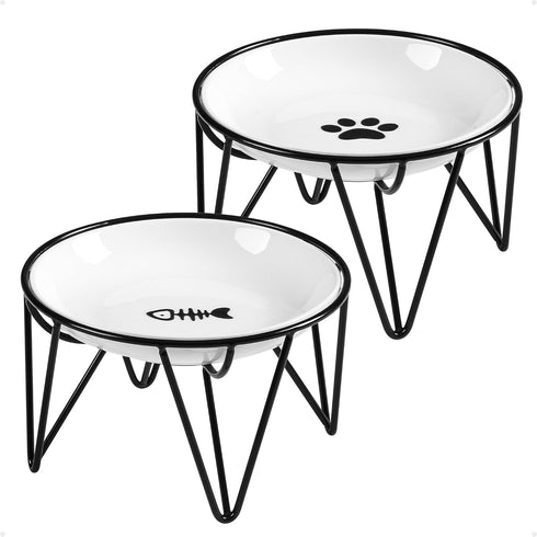 Ceramic Cat Bowls, 2 Pack - Raised, Whisker Friendly, Anti-Vomiting Cat Food Plates - Hygienic, Secure Material, Elegant Stand, 10 oz, for Indoor ...
