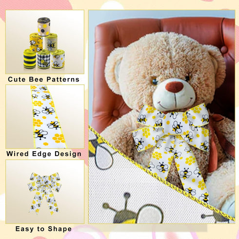 Bee Ribbons 6 Rolls Bumble Bee Ribbon Wired Bees Crafts 2.5 Inch 40 Yards Spring Summer Ribbon Yellow Stripe Gingham Dot Honey Bee Ribbon for Wrap...