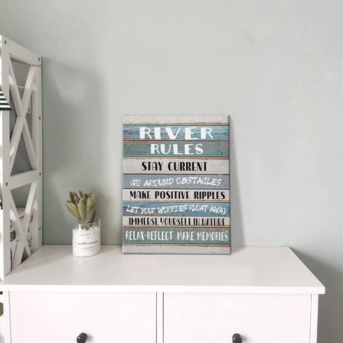 PHAMTE Funny River Rules Inspirational Quotes Wall Art, Farmhouse River Lake House Sign Print Framed Canvas Painting Artwork Home Room Office Deco...