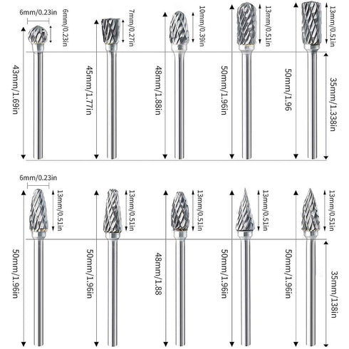 Tungsten Carbide Double Cut Burr Set, with 1/8" Shank 1/4" Grinding Head Length Tungsten Steel for Grinder, DIY Wood-Working Carving, Soft Metal P...
