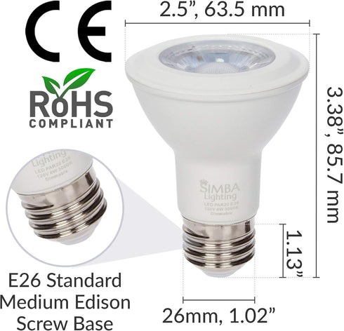 Simba Lighting LED PAR20 Light Bulb 6W 38deg Spotlight Dimmable (6-Pack) for Indoor Recessed Can, Range Hood and Outdoor PAR 20, 120V E26 Base, 40...