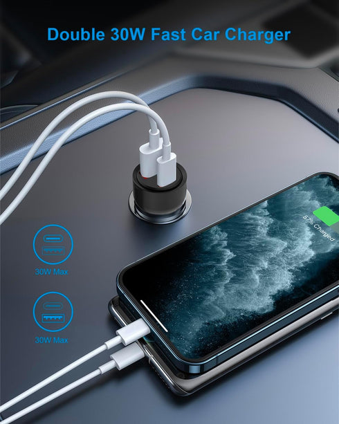60W Car Charger, Cigarette Lighter USB Charger with USB C to C Fast Charging Cable, PD&QC3.0 USB C Car Charger, Dual Ports Car Charger Adapter for...