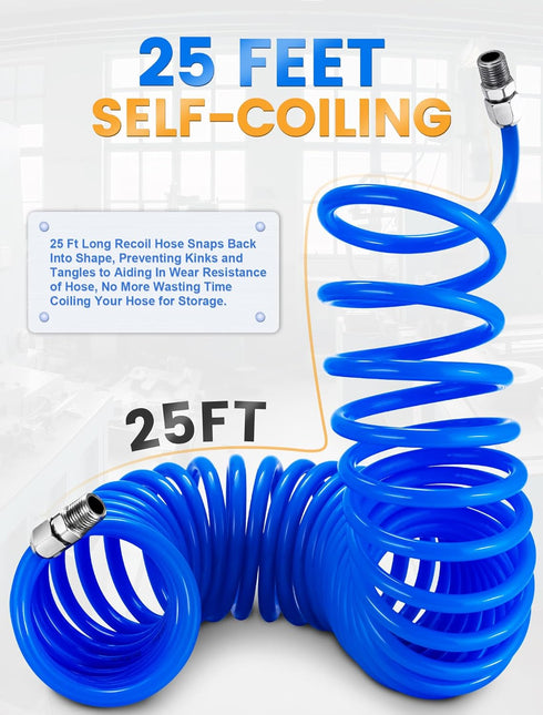 25 Feet Repairable EVA Recoil Air Hose, Air Compressor Hose with 1/4" NPT Industrial Universal Quick Coupler and I/M Plug Kit, 200PSI Max Air Tool...