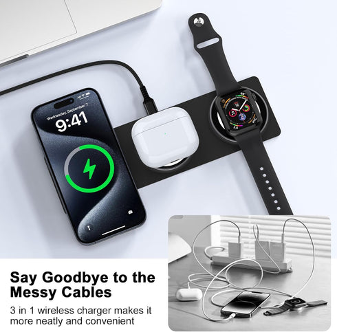 3 in 1 Magnetic Wireless Charger for iPhone, Foldable Charging Station Mag-Safe Travel Charging Pad for Multiple Devices iPhone 15 14 13 12 Series...