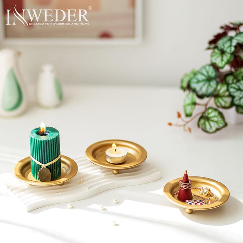 Inweder Iron Plate Candle Holder: Gold Candle Plate for Pillar Candles, Set of 3 Candle Tray, Candle Dish, Decorative Pedestal Candle Stand for Pi...
