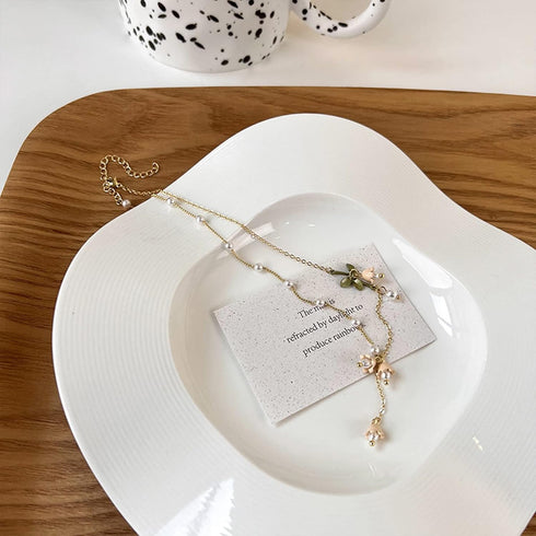 Lily of the Valley Necklace May Birth Flower Jewelry Green Paint Leaves and Freshwater Pearl Lily Necklace Gift for Women Mom Friends Bride Weding...