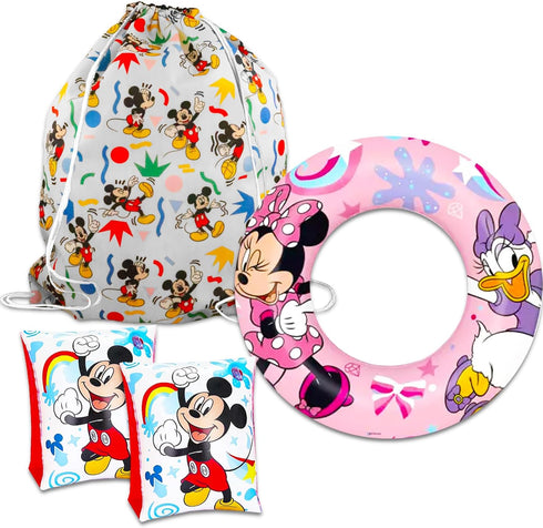 Disney Mickey and Friends Ultimate Beach Toys Set - 6 Pc Pool Toys Bundle with Mickey Beach Ball, Arm Floaties, Minnie Mouse Pool Ring, Cinch Bag,...