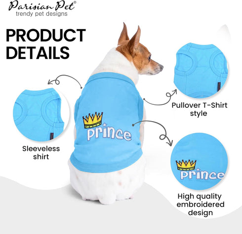 Parisian Pet Dog T-Shirt - Embroidered ' Prince ' 100% Cotton, Boy Dog Shirts - Sleeveless Pet Vest - Machine Washable Dog Clothes for Medium-Size...