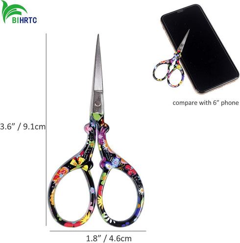 BIHRTC 3.6 Inch Embroidery Scissors - Sharp Stainless Steel Pointed Scissors for Cross Stitch, Sewing, Craft & DIY - Black Flower Design...