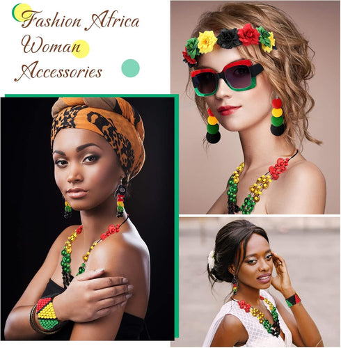7 Pieces Jamaica African Jewelry for Women, Rasta African Beads Earrings Afro Beaded Bracelet Queen Wooden Earrings Bohemian Coconut Shell Necklac...