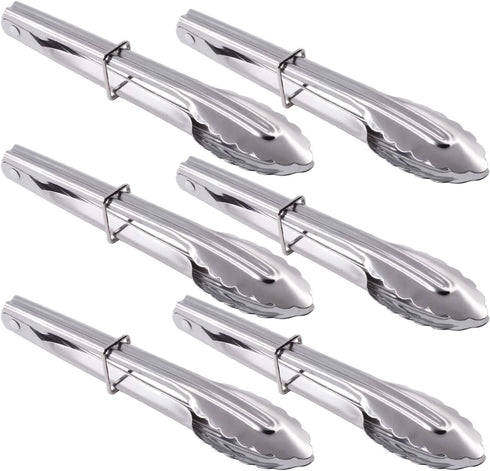 Mini Stainless Steel Food Tongs with Silding Rings 7-Inch - Set of 6 - Small Clam Shell Service Tongs for Serving Appetizers, Desserts, Salads, Ba...