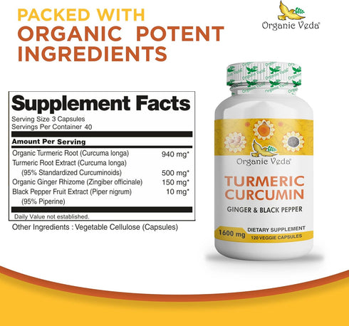 Organic Veda Turmeric and Ginger Capsules 120 pills - Organic Turmeric Curcumin with Black Pepper for Joint Support - Non Gmo, Gluten Free, Turmer...