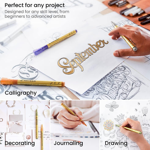 Arteza Double Outline Markers, 16 Colours, Gold Marker Pens, Create Metallic Lines with Vivid Colour Outlines, Work on Cards, Paper, and Canvas...