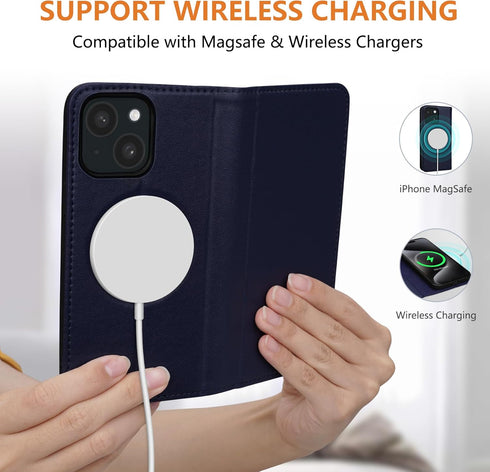 Wallet Case for iPhone 15 Plus 6.7",Genuine Leather Flip Folio Book Case Compatible with Magsafe,RFID Blocking Magnetic Card Slot Kickstand Phone ...