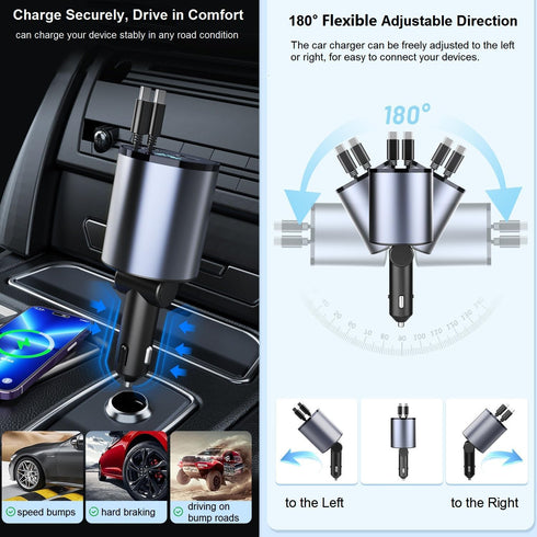Retractable Car Charger - 4-in-1 Fast Car Phone Charger 120W Cigarette Lighter Dual USB C Car Charger Adapter for iPhone 15 14 13 12 Pro Max iPad ...